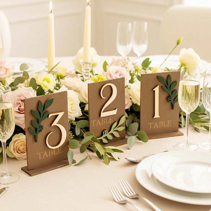 1-10 Elegant Wooden Wedding Table Number Plates With Stands, Decorated With Eucalyptus Leaves, Suitable For Wedding Receptions, Centerpieces, Events And Parties - One Size Fits All - View 1