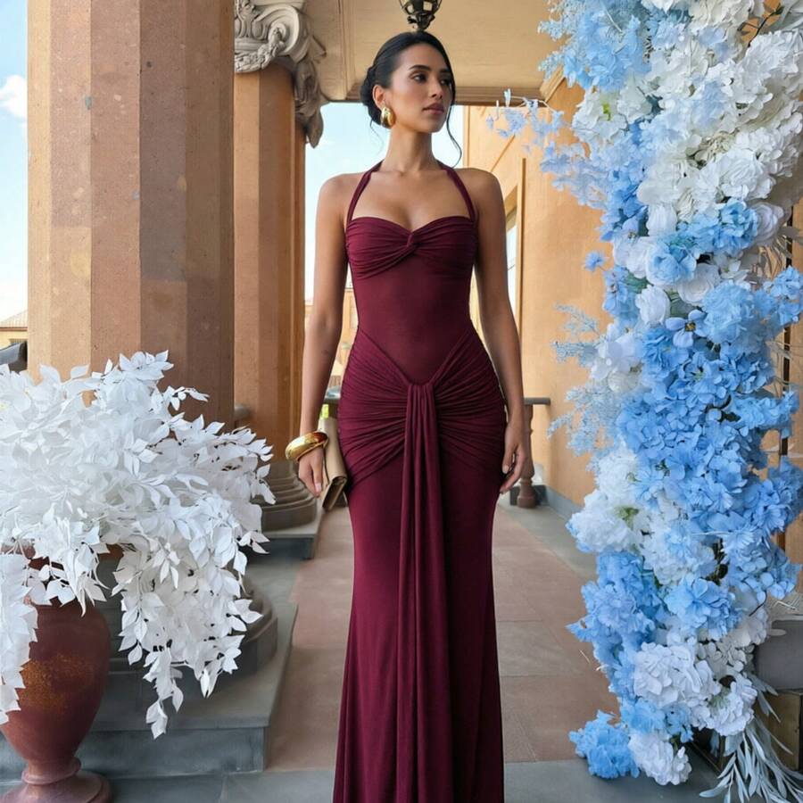 Sexy Ruched Halter Neck Maxi Dress With Mesh Panel Detail - Elegant Cocktail Gown, Club Wear, Bachelorette Party, Prom Night,  Fashion For Women - 酒紅色 - 查看 1