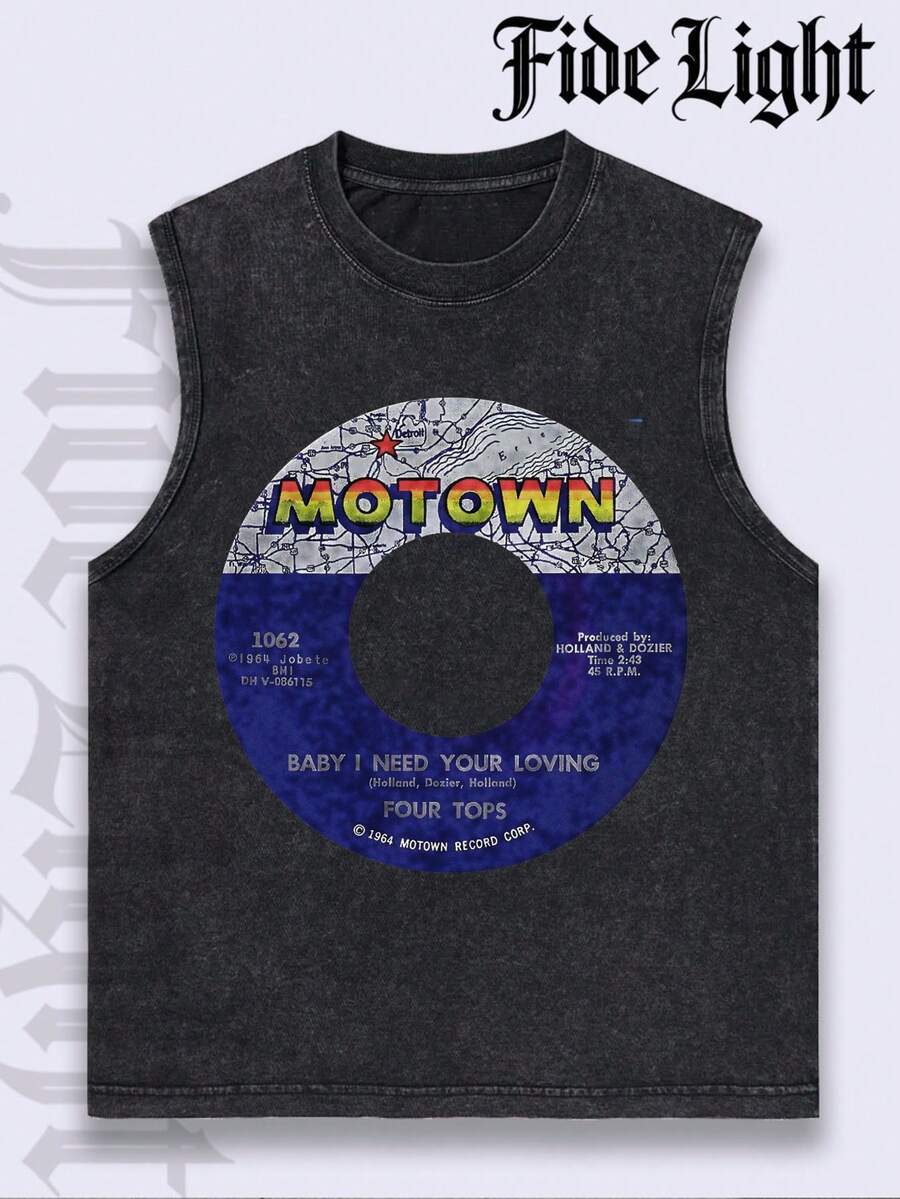 Motown Vibes Classic Soul   Men's Summer Vintage Washed Cotton Casual Sports Vest Loose Street Style High Street Fashion Machine Washable Sleeveless Crew Neck Tank Top For Summer Unisex Style - màu đen - Xem 1