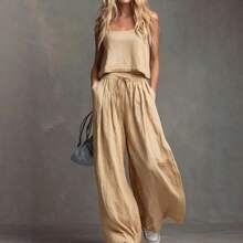 Fashionable Women's Solid Color Casual Cotton-Linen Camisole Top And Wide-Leg Pants Set - 黑色 - 查看 4