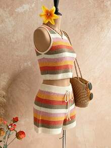 女士夏季休闲度假撞色条纹沙滩装针织露脐上衣和短裤套装，嘉年华，沙滩套装，女士沙滩装，外出上衣，假日装，Y2K，黄色 - 橘色 - 查看 2