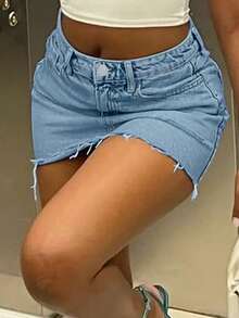 Thời trang đường phố Châu Âu và Mỹ, Váy ngắn denim đi nghỉ giản dị phong cách đường phố cổ điển dành cho nữ, Mùa hè - Rửa trung bình - Xem 1