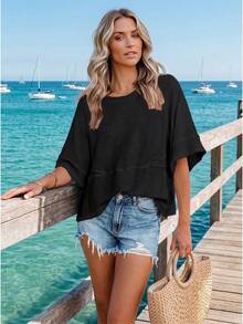 Women's Casual Asymmetrical Neck Drop Shoulder Half Sleeve T-Shirt With Exposed Seams, Regular Length Polyester Top For Everyday Wear - 黑色 - 查看 2