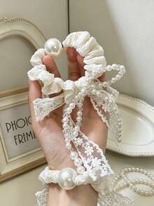 1个精致珍珠蝴蝶结蕾丝发圈，闪亮珍珠发圈，女士款 - 彩色 - 查看 7