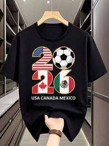[Con licencia de la Copa Mundial 2026] Camiseta estampada con temática de la Copa Mundial 2026, que presenta elementos futbolísticos de Estados Unidos, Canadá yéxico. - Negro - Ver 6
