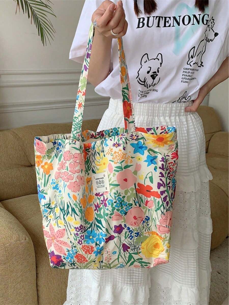 Large Capacity Floral Canvas Tote Bag, Rose Pattern Beach Bag Shopping Shoulder Bag, Summer - Multicolor - View 1