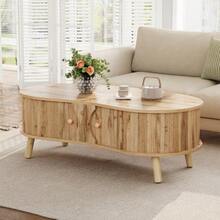 Pea-Shaped Coffee Table With Grooved Design, Double Sliding Doors, Living Room/Tea Table, Wood Grain Look, Solid Wood Table Legs, MDF Material - Khaki - View 4