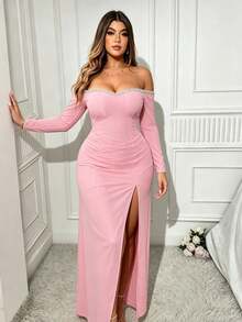 Plus Size Off Shoulder Long Sleeve Dress With Slit And Pearl Details Elegant Fit And Flare Prom Dress For Women Pink - Pink - View 5