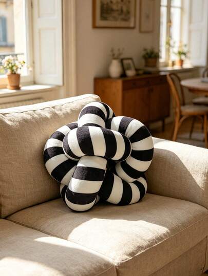 1 chiếc gối trang trí thắt nút sọc đen trắng, kiểu dáng Bắc Âu, hình cầu, gối trang trí sofa sáng tạo.