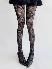 1件春夏日系现代暗黑蕾丝镂空图腾连裤袜，哥特朋克亚文化靴子设计连裤袜，复古Y2K时尚连裤袜洛丽塔打底裤/成熟女士性感渔网袜/独特纯粹欲望 - 彩色 - 查看 11