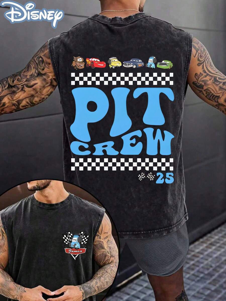 Disney Cars Pit Crew Blue Officially Licensed Men's Sleeveless Graphic Tee, 100% Cotton 230g Washed Vintage Casual Shirt - màu đen - Xem 1
