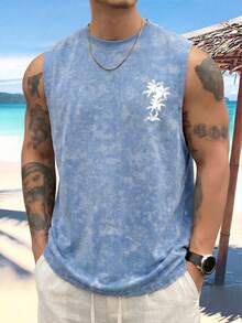 Hawaiian Style Coconut Tree & Bird Print Men's Tie-Dye Loose Fit Sleeveless Tank Top Casual Travel Tee - Blue - View 5