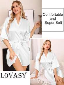 1PC Women's Solid Color Elegant Tie-Waist Autumn/Winter Robe, Sexy Short Satin Silk Soft Sleepwear, Suitable For Brides, Bridesmaids, Home Wear, Back-To-School Essential - White - View 5
