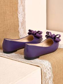 Pointed Toe Low Vamp Bow Flat Shoes, Delicate Satin Texture With Soft And High-End Feel, Versatile Shoes. - Purple - View 6