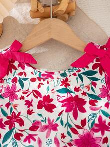 2pcs Girls Casual Bow Decor Random Print Sleeveless Top And Pants Set, Summer - Hot Pink - View 3