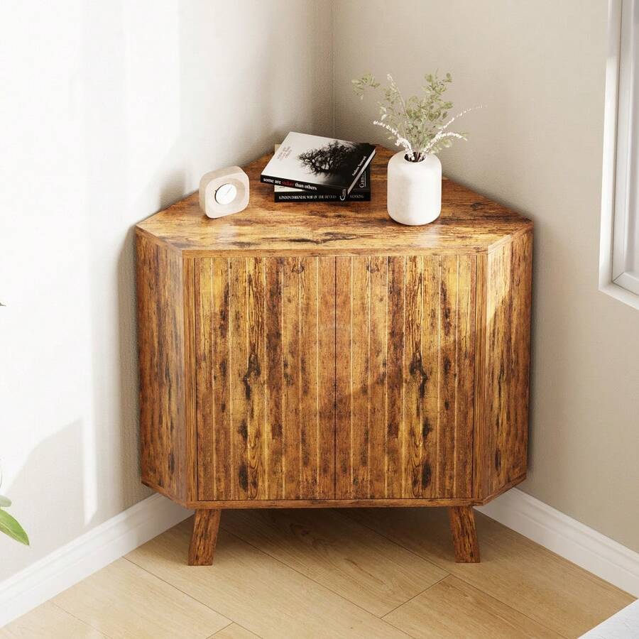 Gabinete de esquina moderno acanalado de 3 niveles en MDF – Almacenamiento triangular para el suelo que ahorra espacio con estantes ajustables, puertas con cierre automático y sistema anti-vuelco – Organizador para sala de estar, cocina, baño – Negro Marrón - Marrón - Ver 1