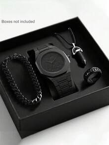 4pcs/Set Luxury Niche High-End Minimalist Fashion Quartz Wrist Watch Black Large Dial Men's Quartz Watch - Black - View 3