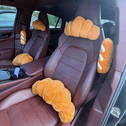 1 pieza Almohada de cuello y apoyo lumbar con forma de pan de peluche, decoración de coche de peluche suave, mejora la comodidad dentro del coche