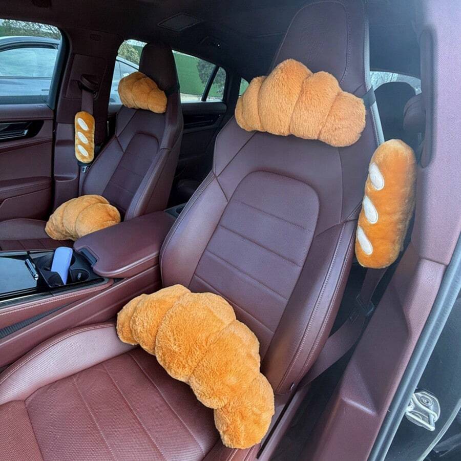 1pc Plush Bread-Shaped Car Neck Pillow & Lumbar Support, Soft Plush Car Decor, Enhances In-Car Comfort - Multiple Styles - View 1