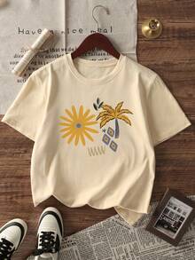 1pc Girls Casual T-Shirt, Light Apricot Tropical Coconut Tree & Daisy Print Round Neck Short Sleeve Top, Breathable Loose Bohemian Style Versatile Comfortable Daily Wear - Apricot - View 3
