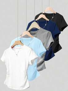Set de 5 camisetas de manga corta ajustadas con cintura ceñida para mujer, versátiles para el verano - Multicolor 3 - Ver 11