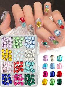 1 Box 3D Multi-Color Emerald Shaped Rhinestones, 12-Grid Sparkling Crystal Glass Nail Gems, Flat-Bottom Large Square Rhinestones, 3D Luxury Nail Art Decoration, DIY Nail Accessories, Suitable For Spring/Summer Parties, Sparkling Nail Decoration Supplies Nail Charms - Multicolor - View 10