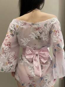 1pc Japanese Style Sakura Geisha Sexy Innocent Bow Kimono Costume Set, Suitable For Cosplay, Parties, Performances, Photoshoots - Includes Dress + Sash Only Spring - Multicolor - View 11