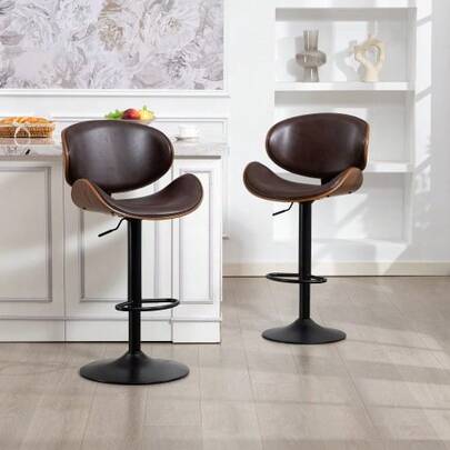 Swivel Bar Stools, Set Of 2, Height-Adjustable Bar Stools Made Of Bent Wood, Bar Chair With PU Leather Cover, Ergonomic Backrest And Footrest, For Bar, Kitchen Island At Home (Brown PU Leather)