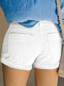 Shorts de mezclilla desgastados para mujer de talla grande, moda casual de verano para uso urbano - Blanco - Ver 3