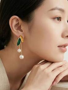 1對時尚清新優雅鄉村風精美葉片造型吊墜流蘇耳環 - 藍色樹葉 - 查看 4