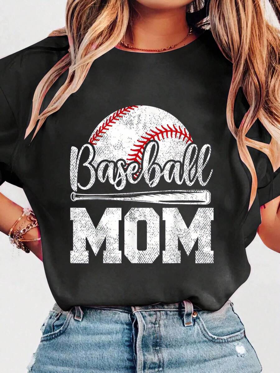 Womens Short Sleeve Round Neck Casual T-Shirt Regular Fit Baseball Mom Graphic Glitter Top - Black - View 1