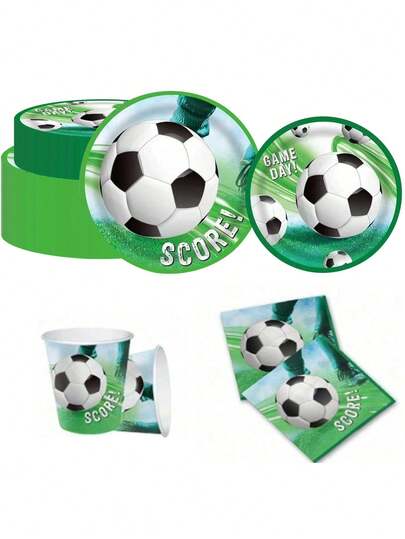 Juego de vajilla con tema verde, que incluye platos, vasos, servilletas con temática de fútbol, adecuado para carnavales de fútbol, reuniones de fanáticos, fiestas de cumpleaños, bodas y eventos familiares