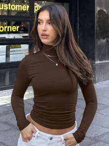 Women's Long Sleeve Turtleneck Blouse With Ribbed Knit Detail - Basic Style - Óxido marrón - Ver 4
