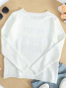 Round Neck Long Sleeve Side Slit Letter Knit Sweater, Casual Daily Wear,Long Sleeve Tops White - White - View 2