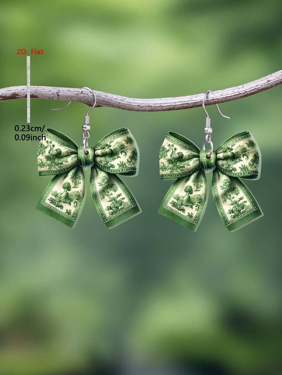 1 Pair 2D Flat Pastoral Green Floral Bow Acrylic Earrings, Elegant Minimalist Style Jewelry Earrings For Women, Suitable For Daily And Holiday Wear - Green - View 1