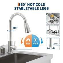 Lavabo utilitario independiente de acero inoxidable – Con uno o dos tazones y grifo – Tablero de drenaje, estantes de almacenamiento, patas ajustables a prueba de óxido – Para restaurante, cocina, lavandería, uso interior y exterior - Plataforma izquierda, tazón individual derecho - Ver 4