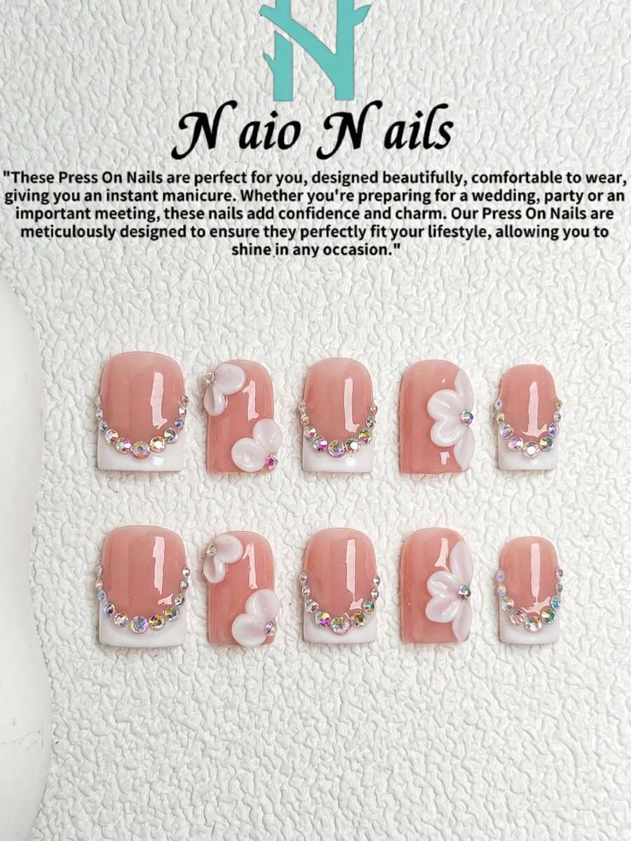 NAIO 10 piezas de puntas de uñas cuadradas hechas a mano, estilo Y2K Baddie, color nude y blanco con puntas francesas, patrones tallados, elementos de rhinestone, adecuado para fiestas, bailes, uso diario, incluye kit de herramientas, gran regalo para mujeres y niñas, suministros para uñas, uñas postizas hechas a mano - Multicolor - Ver 1