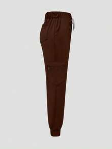 cimmuovere High-Waisted Slim-Fit Workwear - Multi-Pocket Design - Slim Breathable Pants - Side Zipper Pockets - Elastic Hem - Brown - View 4