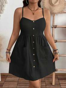 Vestido de rodilla de tela texturizada de algodón puro casual de diario de verano con bolsillo, cintura ajustada y correa para mujeres de talla grande - Negro - Ver 5