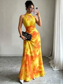 HOMEYEE 女款時尚印花無袖鏤空修身中長洋裝，優雅長版雞尾酒會禮服，黃色，適合婚禮與秋季 - 黃色 - 查看 7