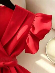 Elegant V-Neck Solid Ruffle Sleeve Tie Waist Blouse With Solid Sash Crossed Summer Red - Red - View 5