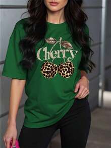 Short-Sleeved T-Shirt With Cherry Print - 軍綠色 - 查看 1