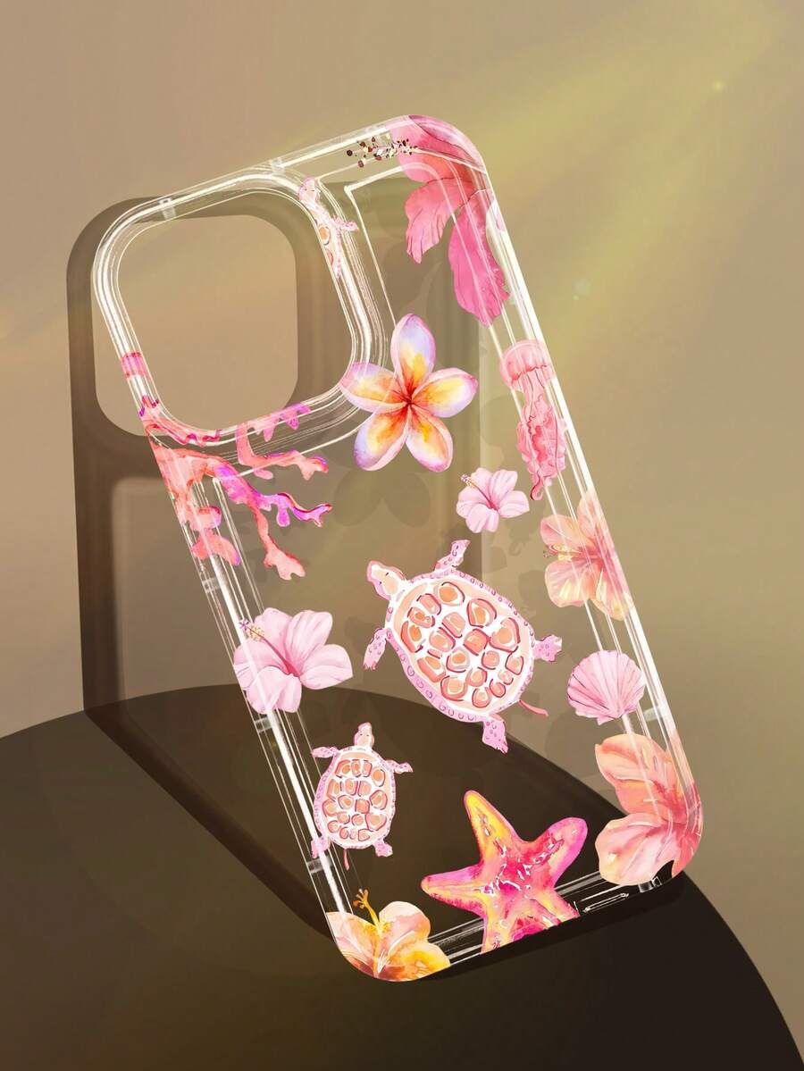 1 pieza Funda de teléfono transparente con patrón de estrella de mar, tortuga marina, medusa, coral y flor de hibisco de estilo tropical de la isla, antideslizante y con cámara de aire para iPhone 11/12/13/14/15/16/17 Pro Max - Multicolor - Ver 1