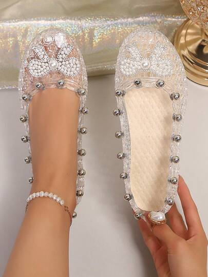 女士水晶珍珠铆钉透明防滑时尚简约镂空凉鞋