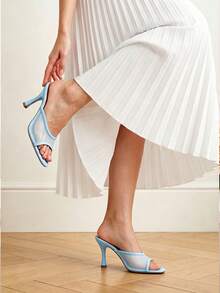 Sandal Wanita Model Baru Musim Panas Kasual Patchwork Warna Solid Jala Elegan Model Mule Ujung Terbuka Hak Tinggi Warna Biru - Biru - View 4