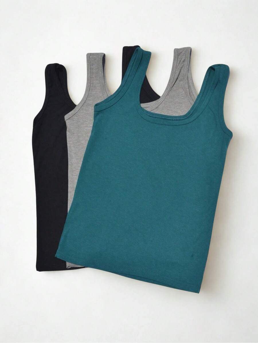 Kit 3 Women's Tank Top With Wide Strap Lisa Viscolycra P To G1 Plus Size - 汽油藍黑色和灰色 - 查看 1