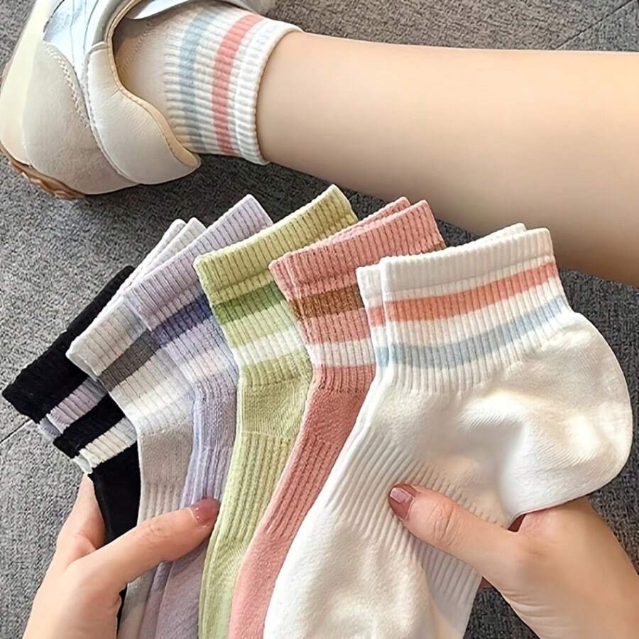 1/3/5/6/12 双装女士彩色可爱条纹休闲运动中筒袜,白色学生运动袜,柔软透气,适合夏秋日常穿着 - 彩色 - 查看 1