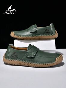 Salkin 男士时尚乐福鞋，简约字母印花，手工制作，休闲鞋，学院风，魔术贴，平底，适合办公穿着，四季皆宜，深绿色，大码 - 墨綠色 - 查看 3