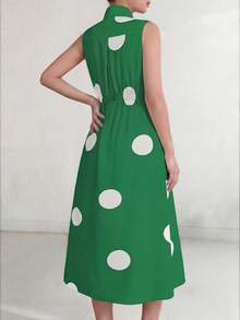 Nuevo vestido maxi casual-chic de otoño para el trabajo: con cuello en V, botones delanteros, estampado de lunares irregulares, cintura ajustada y falda acampanada, superventas, banda elástica - Verde - Ver 7