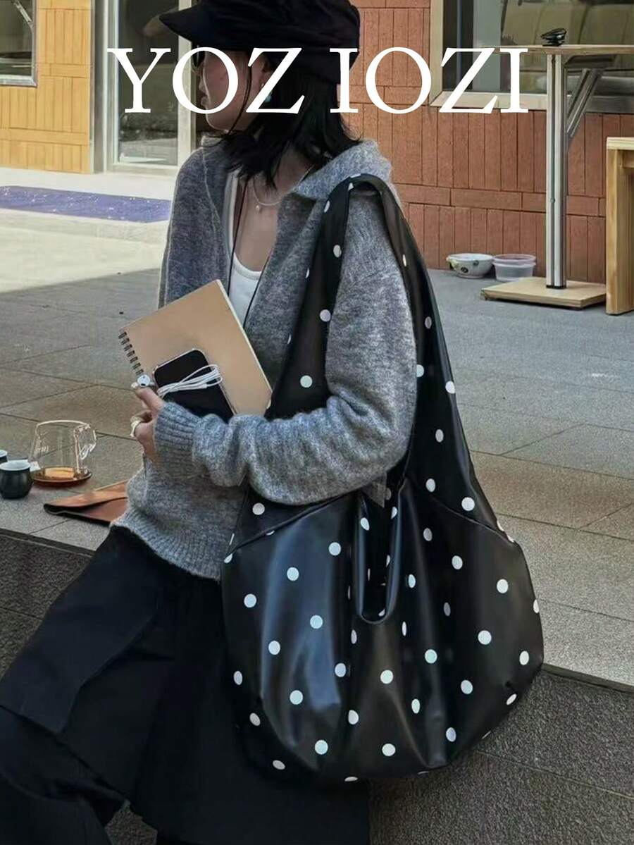 韩版波点手提包,女士春夏新款ins风小众设计复古通勤户外日常购物大容量腋下单肩包 - 黑色 - 查看 1